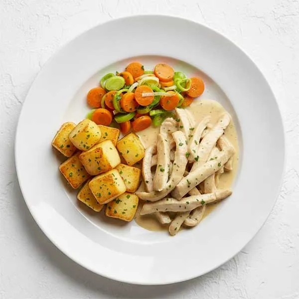 Rustic Chicken Soubise with Potato Fondants, Sauteed Carrot & Leek Mix